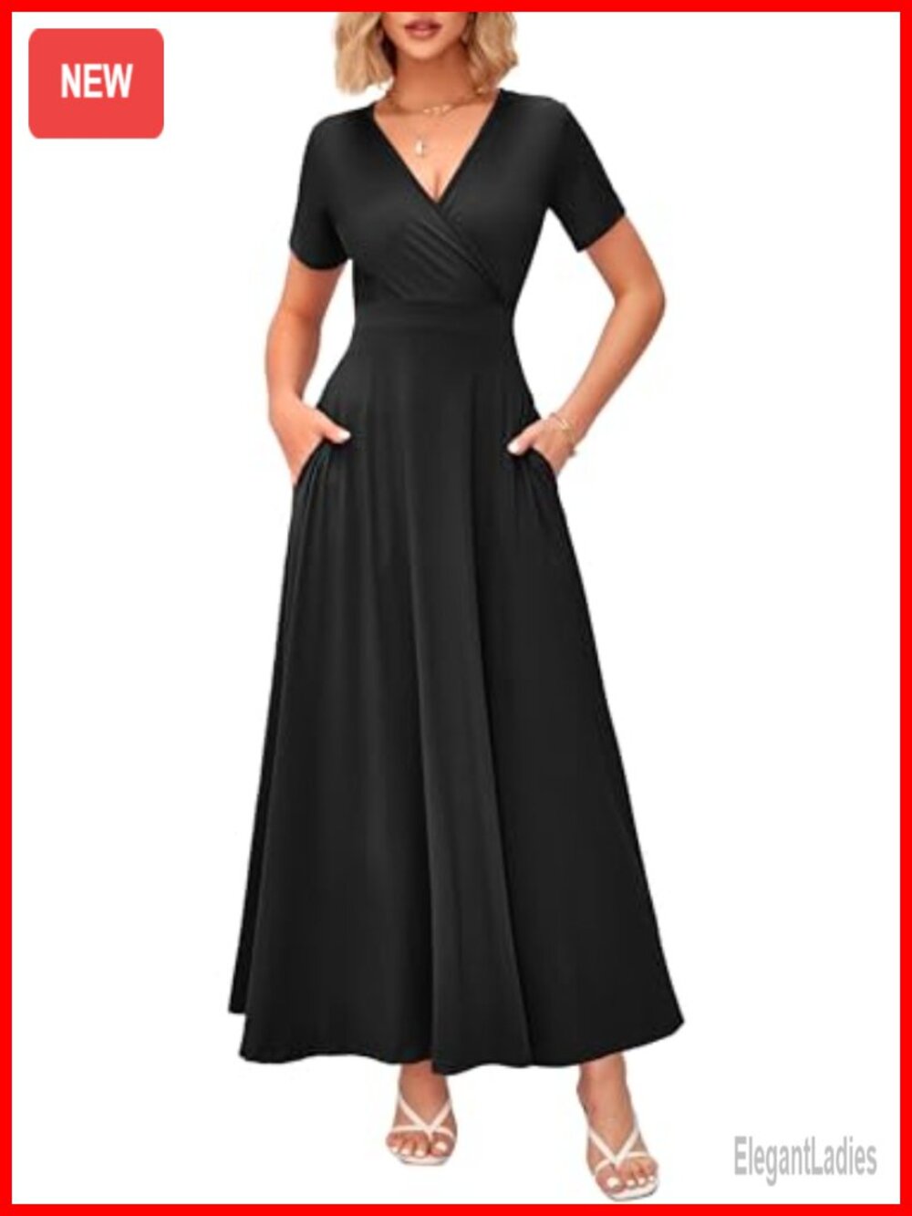Women's Summer Maxi Dress Wrap Short Sleeve V-Neck with Pockets